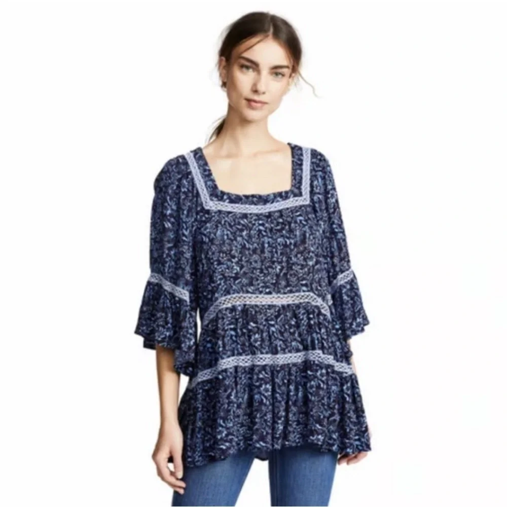Free People TUNIC Talk About It MIDNIGHT Blue Floral Print Tunic Size XS